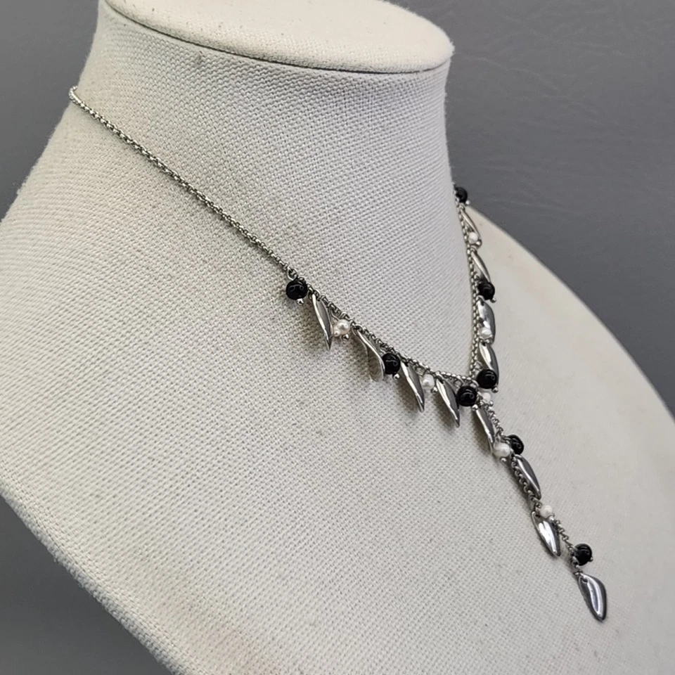 Lia Sophia Necklace Y Drop Silver Tone Teardrop Charms Freshwater Pearls 18" - Image 4 of 4