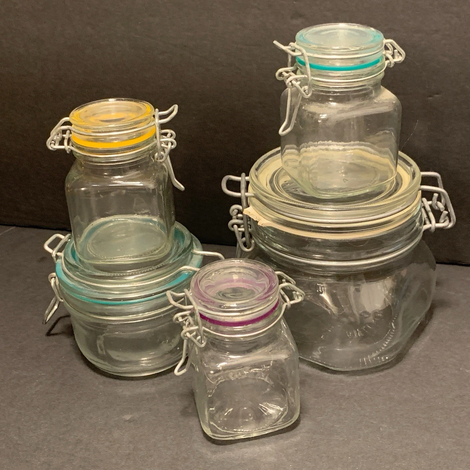 Locking Jars Set Of 5 Jars Yellow Blue Purple Wire Seal Storage Big Small Glass