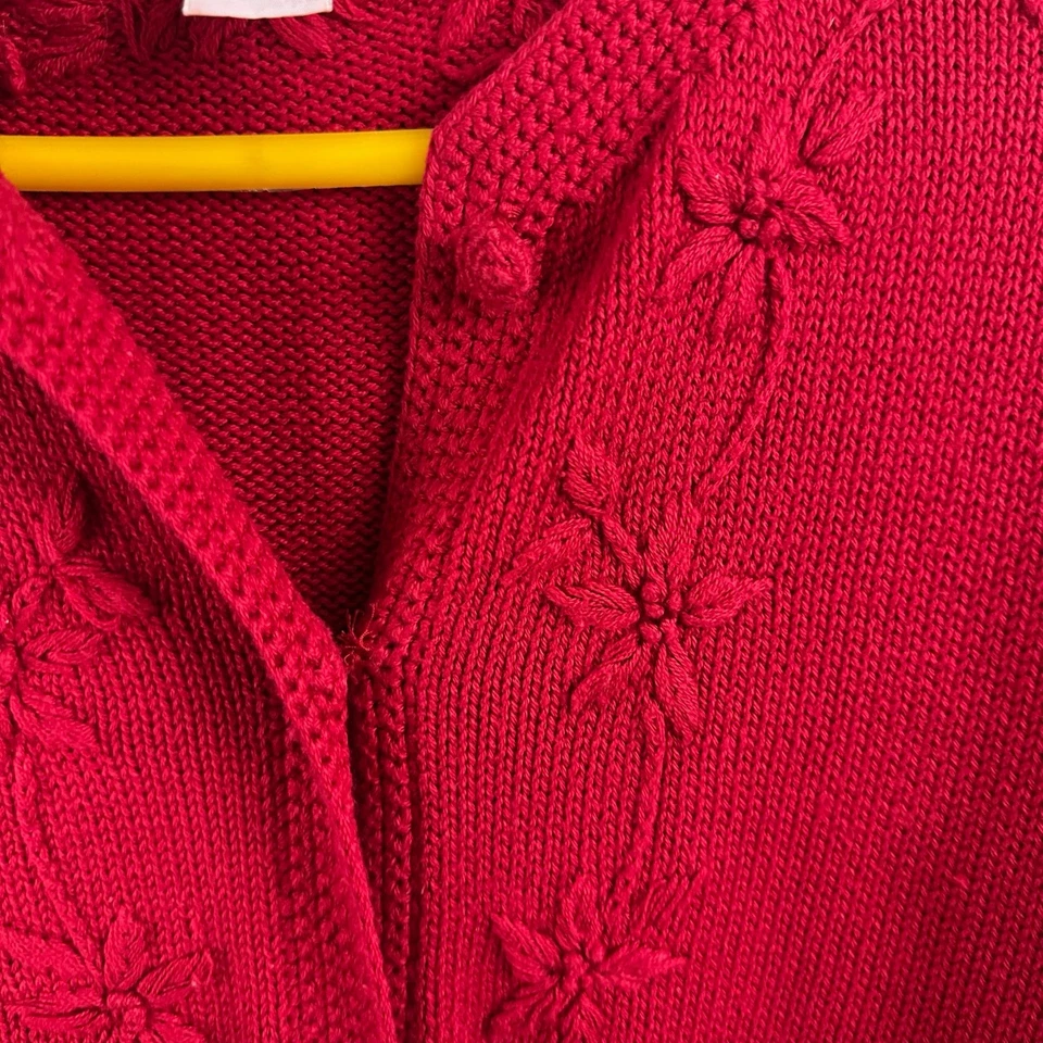 Cárdigan suéter vintage Lands End para mujer pequeño rojo floral botones 3D algodón años 90 Foto 3 de 4