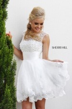 Sherri Hill Cocktail Dress 4302 White Pearl Beaded Top High Neck Prom Dress  