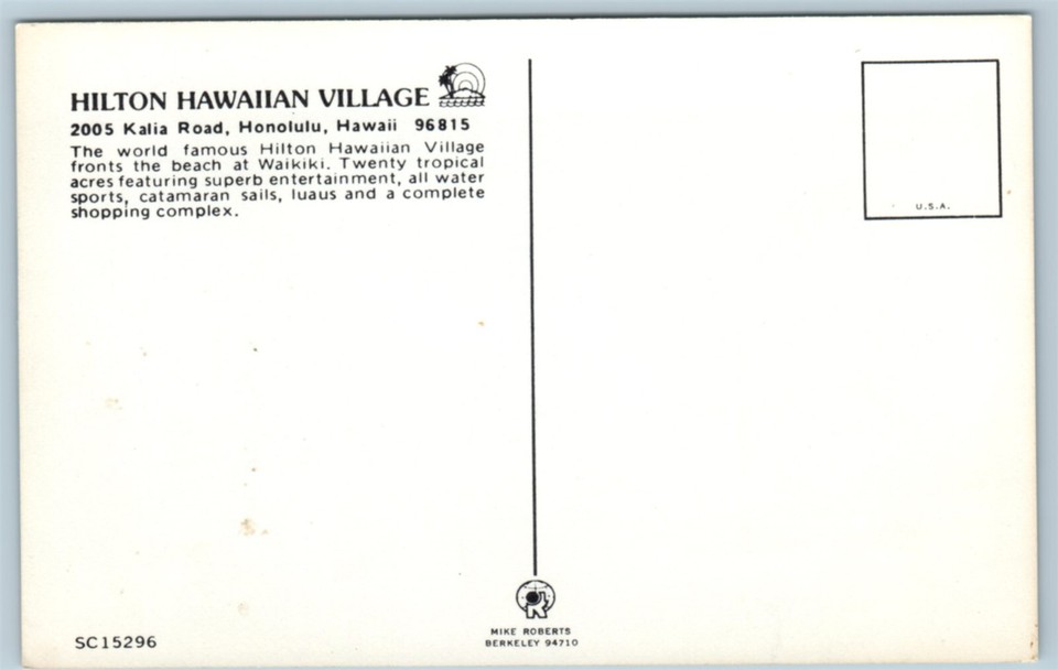 Postcard Hilton Hawaiian Village Hotel Waikiki Beach Honolulu Hawaii