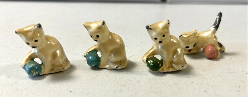 Vintage 4 Miniture Metal Cats Kitten playing with a Ball figurines 1