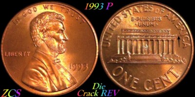 1993 P UNC Error Date Lincoln Memorial Cent Penny Reverse Die Crack Close AM