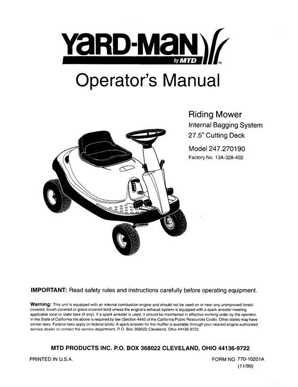 Owners Manual Yard Man by MTD Rear Engine Riding Mower Model