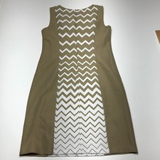 Emma & Michele Sheath Dress Womens Size 6 Tan Chevron Panel Gold Bar Embellished