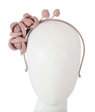 Taupe leather flower winter racing fascinator by Max Alexander. RRP: 119.95