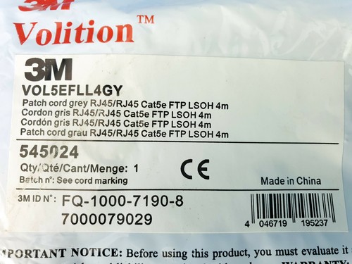 3M Volition 4m Cat5e Patchcord RJ45 LAN DSL Ethernet Netzwerkkabel UTP LSOH Grau - Bild 2 von 6