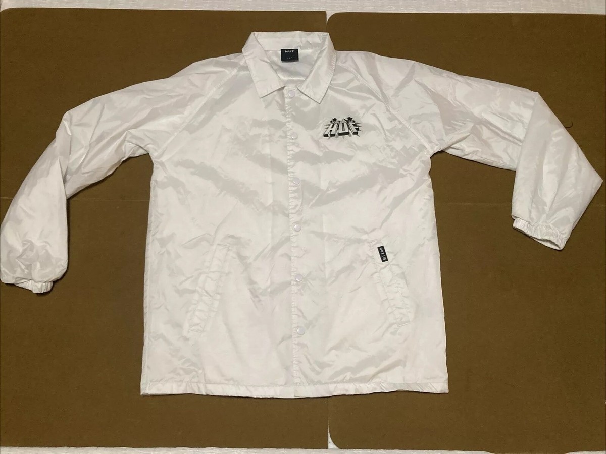 HUF Worldwide White Collared Snap Up Satin Logo Coach Jacket XL