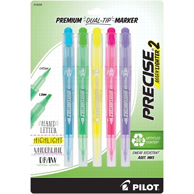 Pilot 15259 Precise Marklighter2 Premium Dual Tip Highlighter, 5 Color Set