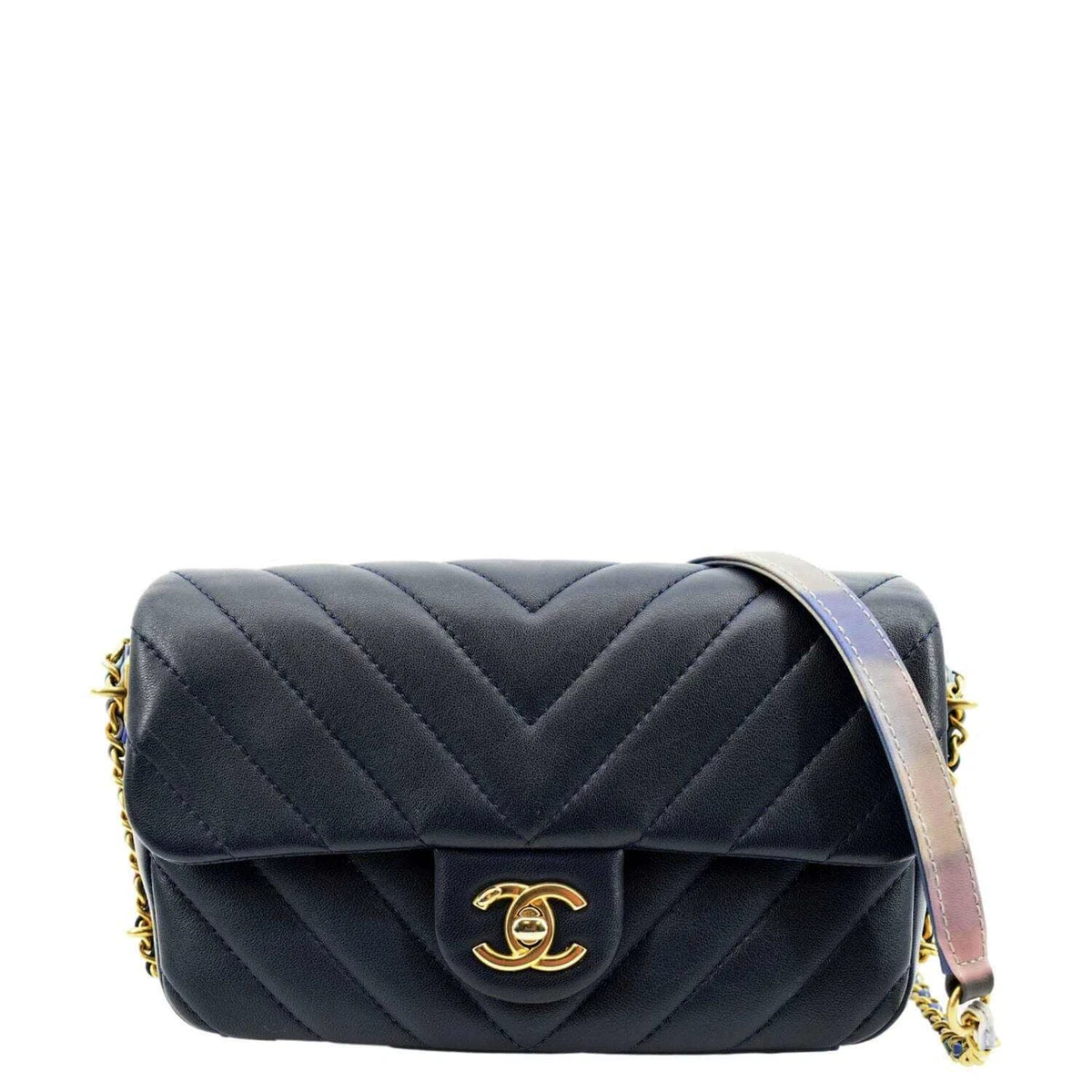 CHANEL Mini Rectangular Flap Chevron Leather Crossbody Bag Navy Blue