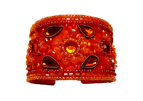Dazzling Beads,Sequins & Orange Faux Rhinestones, Cuff Bracelet - Picture 2 of 8