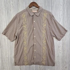 Tommy Bahama Shirt Men's XL Beige Tropical Hawaiian Silk Floral Embroidered Camp