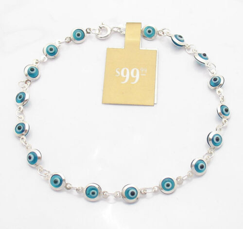 Ocean Blue Protective Baby Evil Eye Luck Bracelet Genuine 925 Sterling Silver - Afbeelding 1 van 1