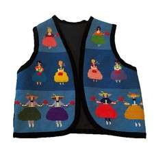 Vtg Needlepoint Folk Art Tapestry Vest Sz L Black Velvet Cultural Novelty