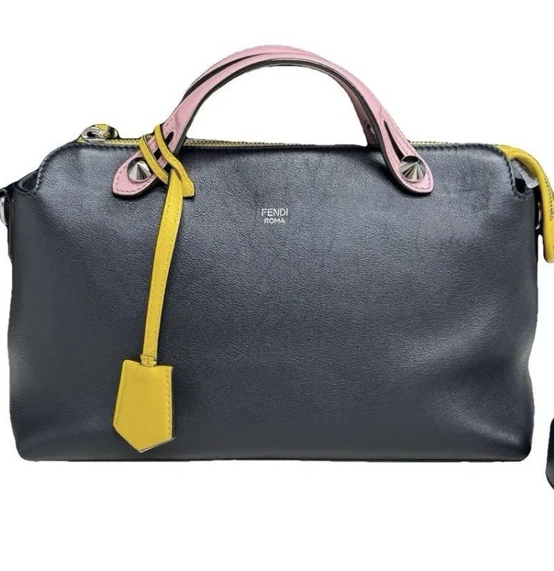 Fendi Roma Black Leather Satchel Pink Top Handle Detachable Strap
