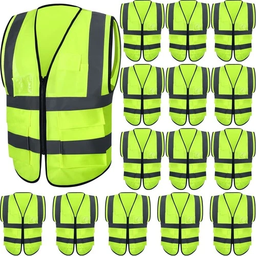 JaGely 15 Pack Safety Vests with Pockets Zipper,Large,Fluorescent Green Large - product listing photo