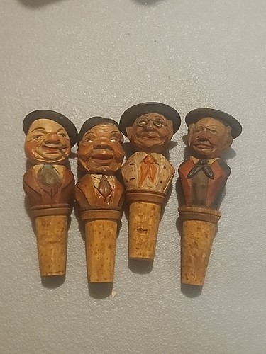 4 Vintage German Painted & Hand Carved Wooden Wine Stopper Cork Base