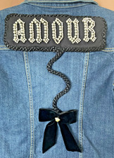 Upcycled Bitten SJP Denim Jacket Vintage Pearl Rhinestone Buttons  and Amour M