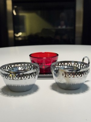 VINTAGE RUBY RED GLASS INSERT w/ CHROME CADDY SET/ CENTURY SERVING DISH + CUP￼