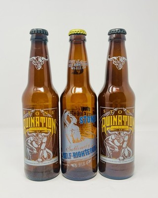 STONE SELF-RIGHTEOUS ALE + RUINATION IPA (x2) PAINTED LABEL BEER BOTTLES w/ CAPS