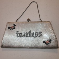 Vintage Silver Clasp Purse "Fearless" Bat Skulls