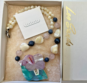 Lee Sands Necklace Mother Pearl Inlaid Abalone Rose Quartz Original Box  NOS #2