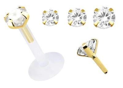 Teflon Labret Stecksystem mit rundem Kristall Aufsatz vergoldet - Größe wählbar - Bild 1 von 4
