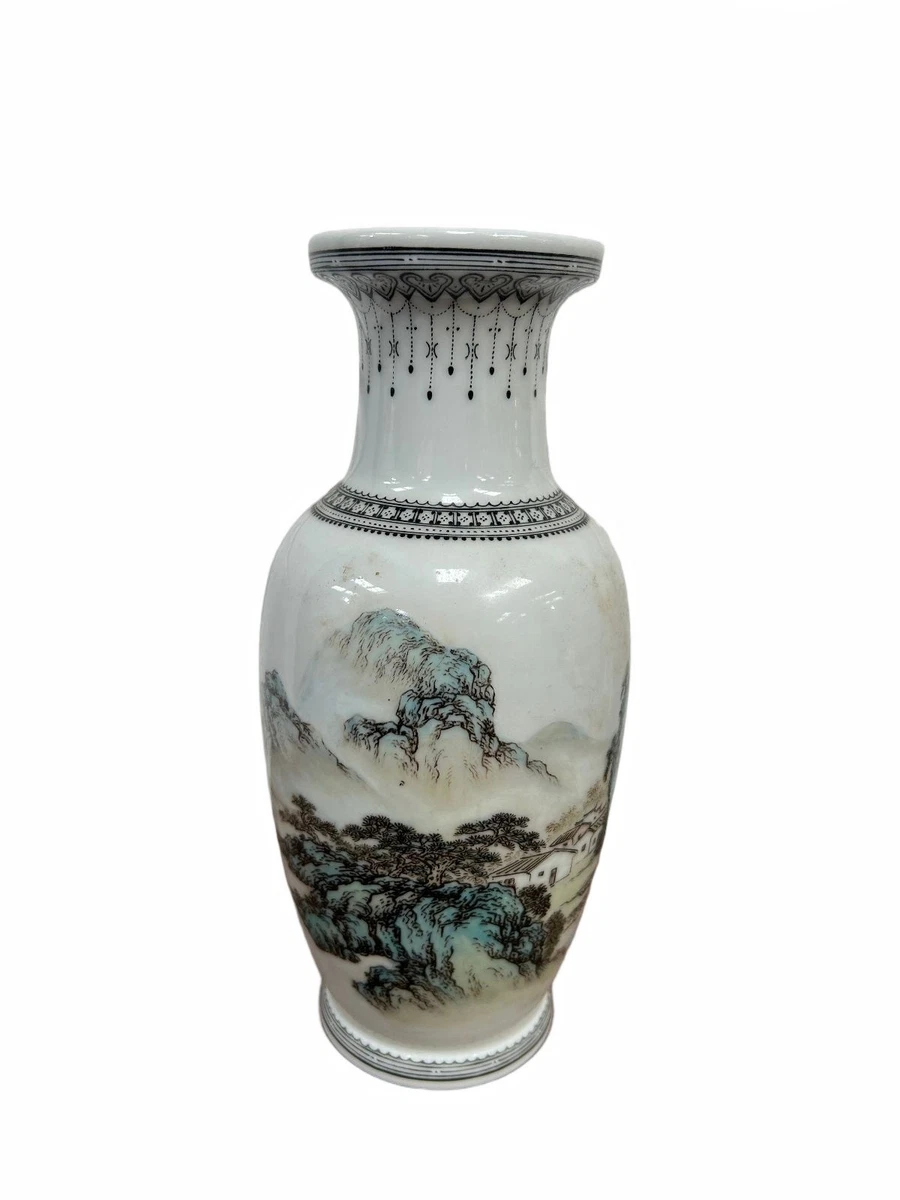 Oriental Style Porcelain Vase Hand Painted Landscape Blue Green