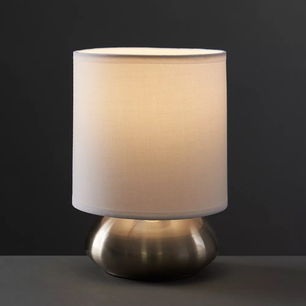 Bedside Touch Table Lamp Chrome 21.5CM Tall Lights Fabric Shades LED Bulb