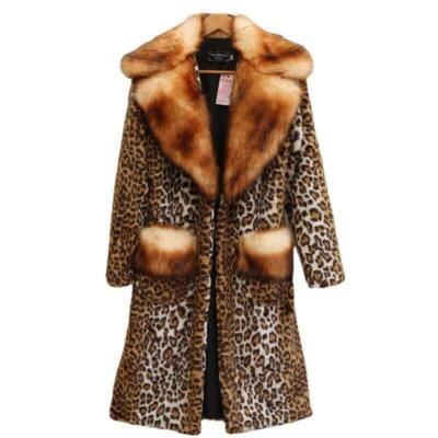 Women's Leopard Pattern Faux  Coat Jackets Collar Parka Winter Warm Oversize