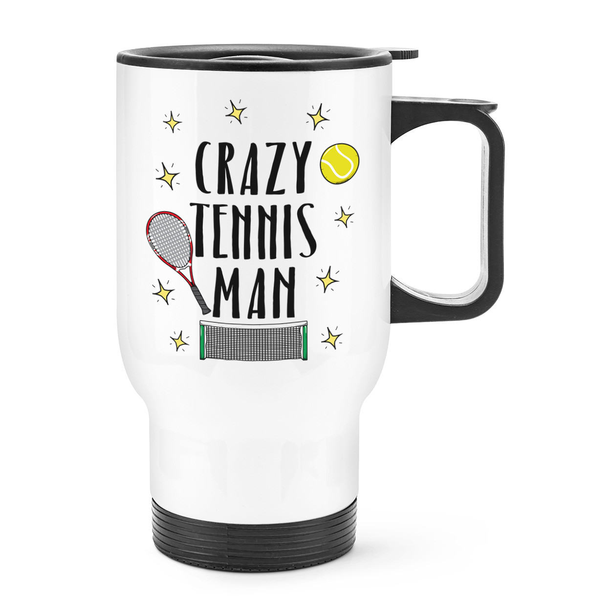 Crazy Tennis Man Travel Mug Cup With Handle - Funny Sport Thermal Flask