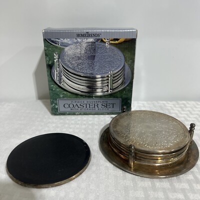 HOME TRENDS Silverplate Coaster 7 Piece Set W/ STORAGE BLOCK Floral Embossed