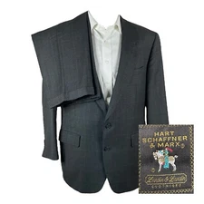 Hart Schaffner Marx 2 Piece Suit Mens 41R 36x29 Gray Plaid Two Button Pleated
