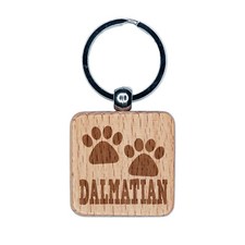 Dalmatian Dog Paw Prints Fun Text Engraved Wood Square Keychain Tag Charm