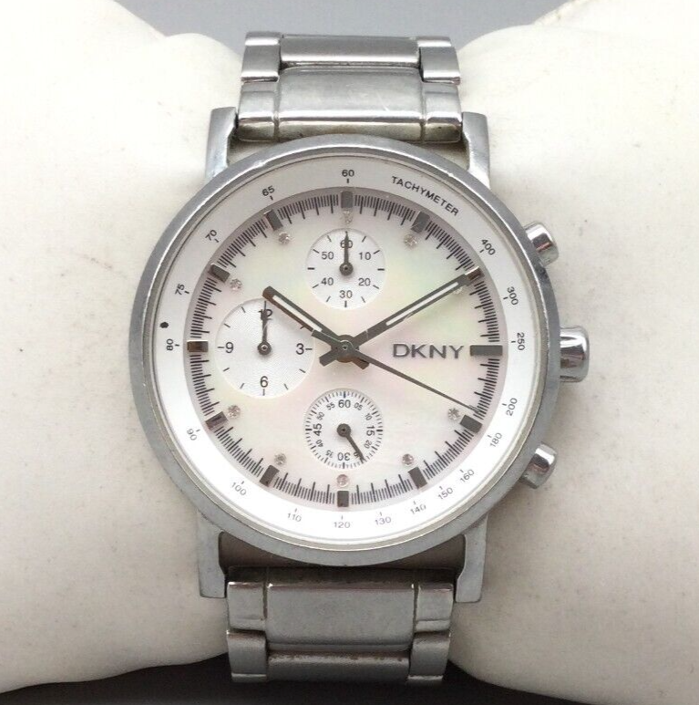 DKNY Chronograph Watch Unisex Silver Tone MOP Dial Tachymeter New