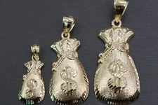 10K Solid Yellow Gold Dollar Sign Diamond Cut Lucky Money Bag Charm Pendant.