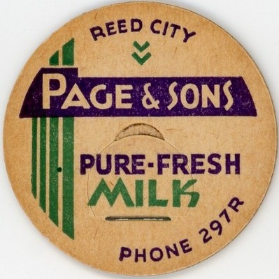 Milk Bottle Cap - Page & Sons - Reed City, MI (Michigan) - PHONE 297R - maverick