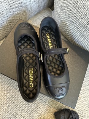 size 37.5EU NIB CHANEL 25S Black Lambskin Mary Janes Flats Logo w