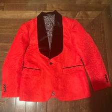 Red Jacquard One-Button Tuxedo Jacket w/ Black Shawl Lapel, Men's Regular