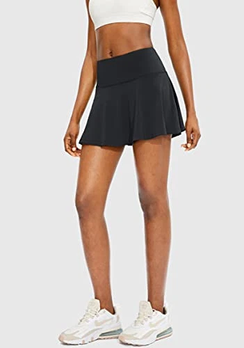 Women's High Waist Pleated Tennis Skirt with 4 Pockets in Medium Black