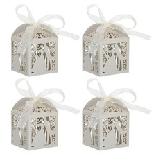 25Pcs Paper Hollow Wedding Favor Boxes Candy Boxes with Ribbon, Silver Tone