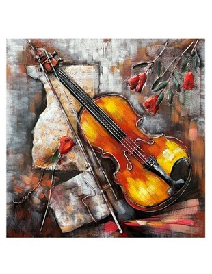 Melodische Eleganz Violine und Rosen 3D Wandbild Metall Holz Musik 80 x 80 cm Geschenk