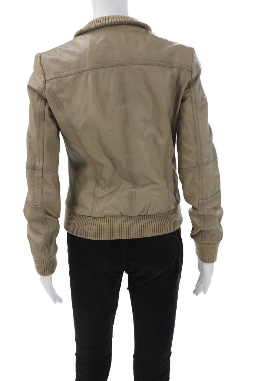 Zara Basic Womens Bomber Leather Jacket Beige Hig… - image 3