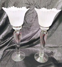 PAIR 13-1/2  CRYSTAL CLEAR CANDLE STICK w FROSTED TULIP VOTIVE TOPS MADE ROMANIA