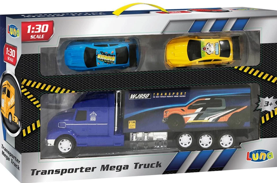 DIAKAKIS Luna Transporter 41 cm Mega Truck LKW Lastwagen Auflieger und 2 Rennwagen +3J