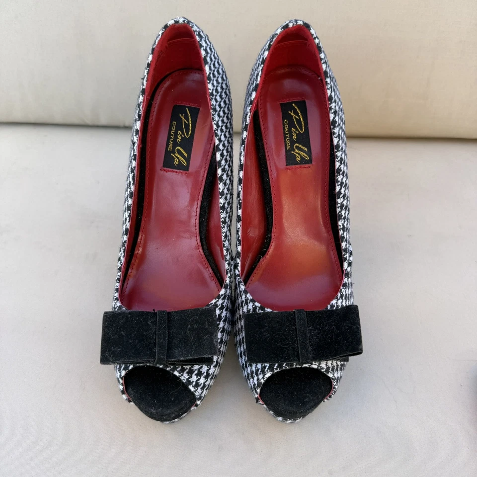EUC Pin Up Couture Heels Houndstooth Size 7 Bella-11 Black And White Bow - Image 3 of 4