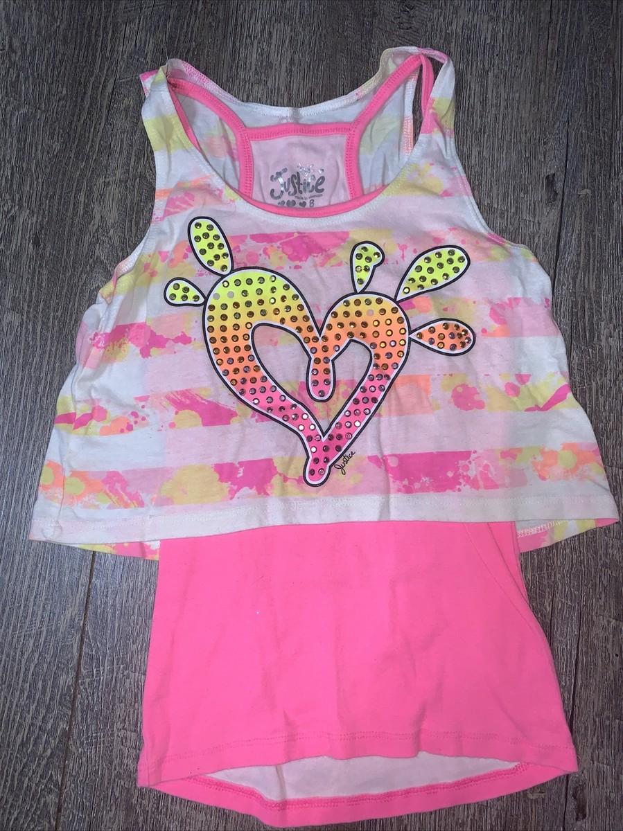 Justice pink Orange Rhinestone Stud Logo tank top Layered Shirt sz