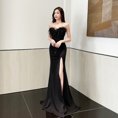 Womens Sexy Faux Fur Feather High Side Slit Bandeau Tube Bodycon Dress Ball  Gown | eBay