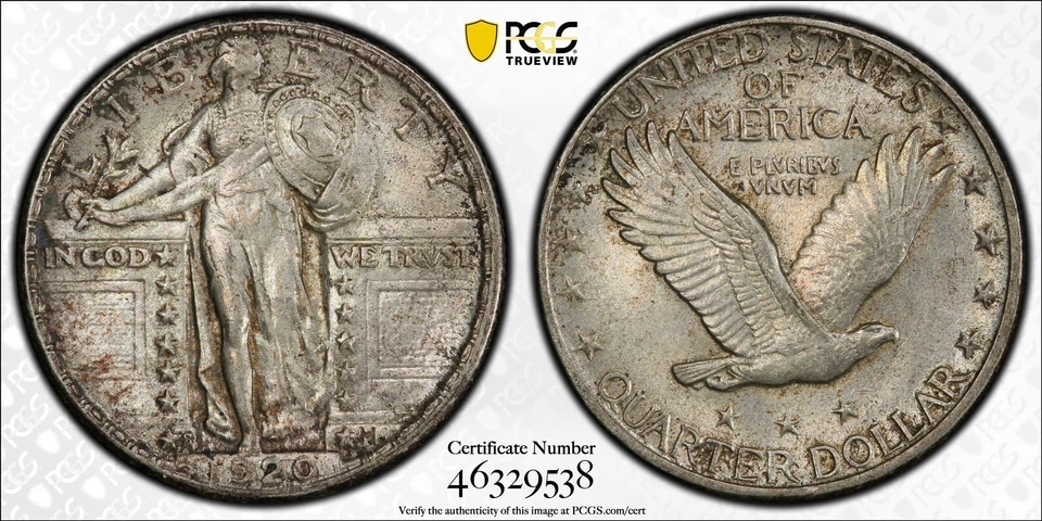 Cuarto de dólar Standing Liberty 1920 S graduación profesional AU55, escudo dorado