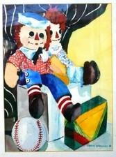 ORIGINAL Watercolor Painting Signed By Grace Crawley Baseball Dolls Kids Corner